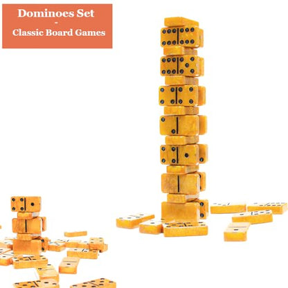 Dominos Set for Adults, Thick Domino, Double 6 Dominoes Set for Adults and Kids, 28 Marbleized Gold Tiles in Brown Leather Case, Travel Domino's Game Set - color: Gold