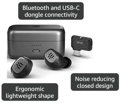EPOS GTW 270 Wireless Gaming Earbuds, Bluetooth, Noise Reducing Closed Design, Dual Mics, Ergonomic Fit, IPX 5 Water Resistant, Portable Charging Case, 20 Hours of Playtime,Black/Silver/Grey - style: GTW 270