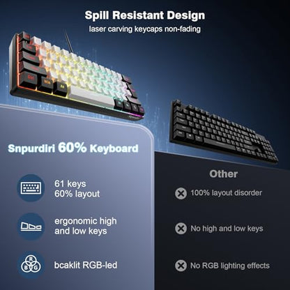 Snpurdiri 60% Wired Gaming Keyboard, 61 Keys RGB Backlit Ultra-Compact Small Gaming Keyboard, for PC/Mac Gamer, Typist, Travel, Easy to Carry on Business Trip(Black-White) - color: Black and White