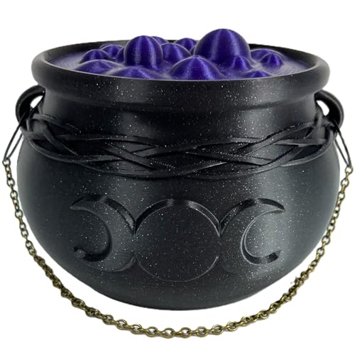Witch's Cauldron Bowl with Bubbling Potion Lid and Chain - Spooky Halloween Goth Decor - RPG Dice Holder Stash Storage (6in Triple Moon) - size: 6in Triple Moon