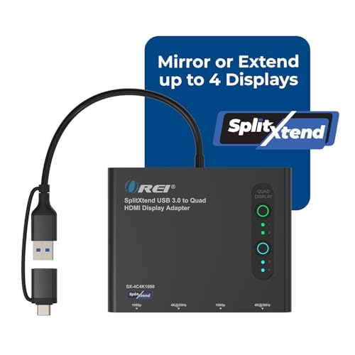 OREI SplitExtend HDMI Splitter Extended Display for Quad Monitor - Laptop Multiple Monitor Adapter with 4 Displays - USB-C to HDMI Adapter, 2X 4K@30Hz & 2X 1080p - Drivers Required - Windows/Mac | OREI SplitExtend HDMI Splitter Extended Display for Quad M