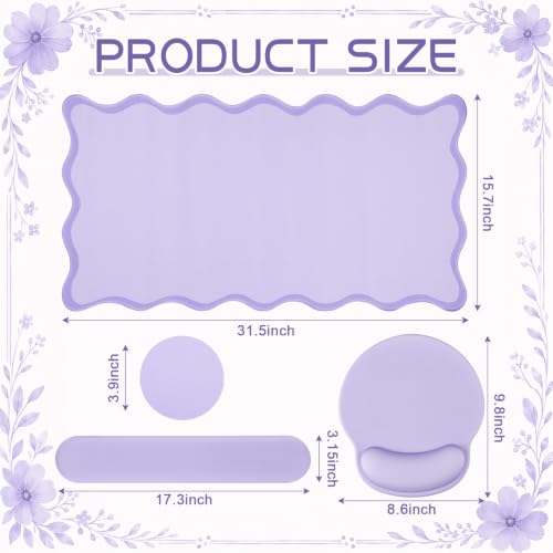 Sabary Scalloped Desk Mat Keyboard Mouse Pad Set Purple 31.5 x 15.7 Inch Preppy Table Mat Keyboard Wrist Rest Cute Aesthetic Mouse Pad with Wrist Rest Coaster Ergonomic Non-slip Waterproof Gaming Desk - color: Purple, size: 31.5 x 15.7 Inch