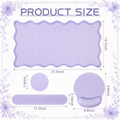 Sabary Scalloped Desk Mat Keyboard Mouse Pad Set Purple 31.5 x 15.7 Inch Preppy Table Mat Keyboard Wrist Rest Cute Aesthetic Mouse Pad with Wrist Rest Coaster Ergonomic Non-slip Waterproof Gaming Desk - color: Purple, size: 31.5 x 15.7 Inch