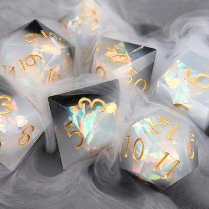 Haxtec Sharp Edge Dice Set DND Dice Black and White Resin Dice Iridecent Mylar Galaxy D&D Dice for RPG Role Playing Compatible with Dungeons and Dragons Gift - color: Black White