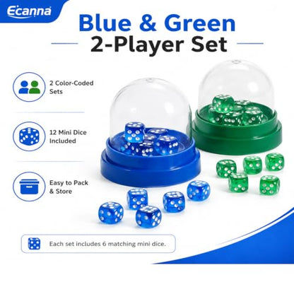 2 Pack Dice Cups with Lids, 12 Dice, Blue and Green Shaker Set | 2 color-coded shakers with clear domes and 12 dice for cleaner, easier rolling at home, school, or on the go.