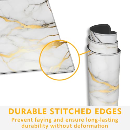 Desk Mat,Gold Line Marble Gaming Mouse Pad,31.5""X15.7"" Large Desk Pad with Stitched Edge Non-Slip Base Keyboard Big Mouse Pad for Office Home Work Gaming-White, WDQ-D02 - color: Marble Granite with Gold Texture