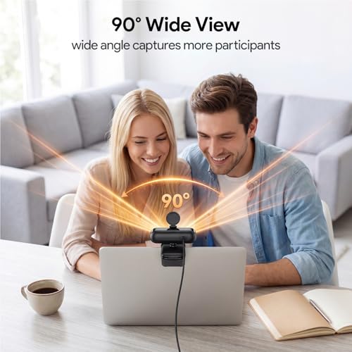 1080P Webcam with Microphone Noise Reduction, Auto Exposure, 90°FOV Wide Angle, Privacy Cover, USB-A to C Adapter, Plug & Play Streaming Camera for PC/Mac/Switch 2, Zoom/Teams/Skype/Meetings