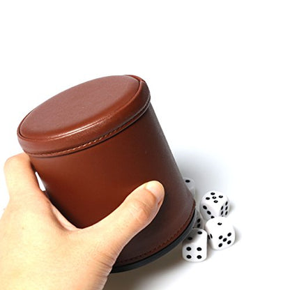 Leather Dice Cup Set Felt Lining Quiet Shaker with 5 Dot Dices for Farkle Yahtzee Games,Brown - color: Brown