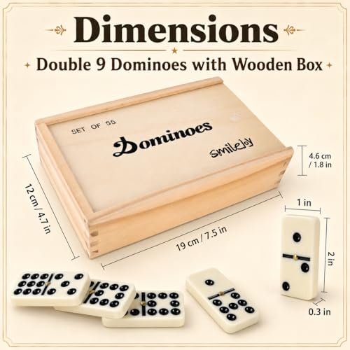 Smilejoy Dominoes Set for Adults, Double Nine Domino Set for Classic Board Games, Dominoes Double 9 for Family Games with Natural Wooden case with Spinner 55pcs