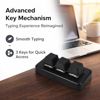 Mini 3 Button Control Keyboard, Programmable Macro Keypad with USB Cable, Custom Knob - Compact Design, Onboard Storage, Easy Setup for Gaming and Office