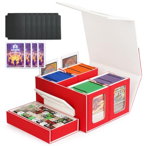 AFIING Commander Deck Box for MTG/EDH, Fits 400+ Double-Sleeved Cards, with Display Window, 4 Removable Deck Cases, Dividers, Dice Tray & Handle, Card Holders for TCG (White Red) - color: White Red