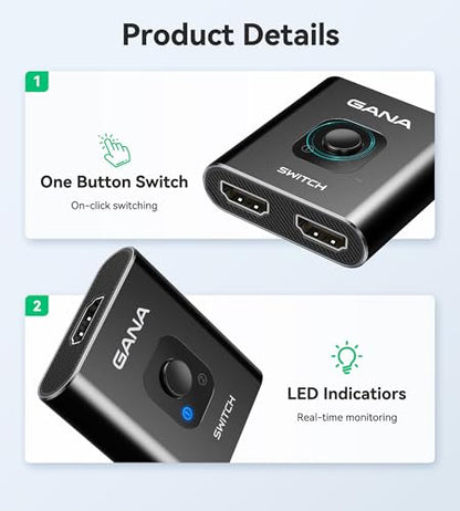 HDMI Switch 4k@60hz Splitter, GANA Aluminum Bidirectional HDMI Switcher 2 in 1 Out, Manual HDMI Hub Supports HD Compatible with Xbox PS5/4/3 Blu-Ray Player Fire Stick Roku - color: Black (No Cable)