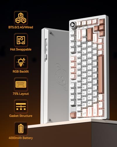 LEOBOG x AULA HI75C Pro PC Gaming Aluminum Alloy Keyboard,Bluetooth/USB-C/Wireless Tri-Modes Mechanical Keyboards,Hot Swappable Brown Creamy Keyboard with Turquoise Switch for Windows/Mac/Tablet Gamer | Tri-Modes Bluetooth/2.4GHz/Type-C,RGB Backlit,Progra