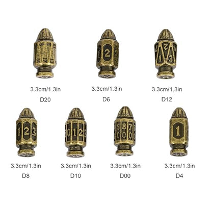 UDIXI Metal DND Bullet Dice Set, Polyhedral Bullet Metal Dice Set Bronze | 7PCS, Cool Style, Magazines Container and PU Leather Bag, for D&D Dungeons and Dragons Role Playing Games and Tabletop Games - color: Bronze