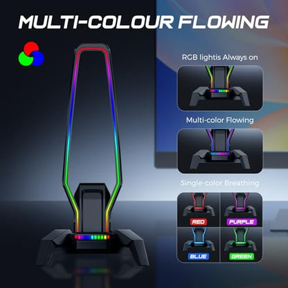 MARVO RGB Headphone Stand Data Transmission, 9 Lights Mode Headset Holder with 1 USB-C & 3 USB Ports & 1 3.5mm Jack Port, Ultimate Gaming Accessories for Gamers for PS, Xbox, PC