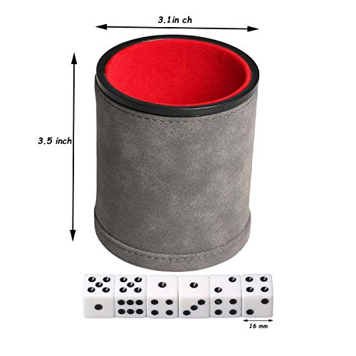 Leatherette Dice Cup Set with 6 Dices, Felt Lining Inside Quiet for Playing Liars Dice Farkle Board Games - color: Grey