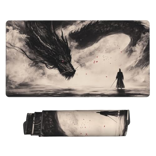 MTG Playmat Black Dragon Ink Painting TCG Play Mat Original Hand-Painted Stitched Edges Smooth Surface Non-Slip Rubber Base for Trading Card Games Board Games 23.5x13.6in