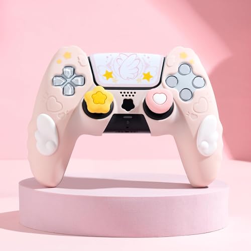 GeekShare PS5 Controller Skin Set,Silicone Protective Cover Skin Case for PS5 Wireless Controller with 2 Thumb Grip Caps and 2 Stickers - Star Wings Series (Pink) - color: Star Wings Pink