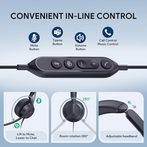 Yealink UH44 Wired USB Headset for Work, USB-C/A, 2 Noise-Canceling Mics | wired headphones with microphone for work,usb headset for pc laptop,office headset,work from home,busy light,inline controls