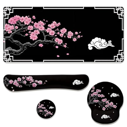 Cherry Blossom Desk Mat Set Oriental Black Zen Art Mouse Pad with Wrist Rest 4in1 Desk Mat for Desktop Ergonomic Computer Desk Arm Wrist Anti-Slip Computer Ergonomic Mouse Pad Home Office Gaming - color: Cherry Blossom