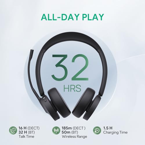 Yealink WH64 DECT & Bluetooth Dual Teams Wireless Headset, 606 ft Range On Ear Work Headphones with 3X Noise Cancelling Mic, 32H Talk Time, Ringer, Office Headsets for Desk IP Phone, PC,Cellphone - style: WH64 Dual-Teams