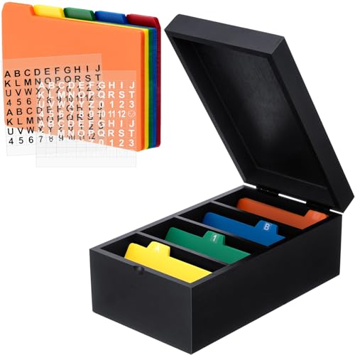 Henoyso 3 x 5 Inch Index Card Holder Set, Bamboo Organizer Box with 50 Dividers & 2 Sheets Alphabet Number Stickers File Note Holders, Holds 1200 Cards for Office Business Home Kitchen, Black - color: Black, size: 3 x 5 Inches