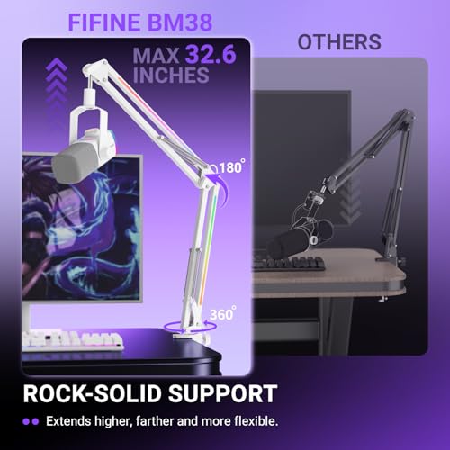 FIFINE AmpliGame BM38W Heavy Duty RGB Microphone Boom Arm for Gaming | Podcasting C-Clamp Desktop Mic Mount, Angle Adjustment, 3/8" to 5/8" Screw, for FIFINE AM8 - color: White