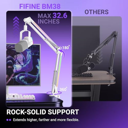 FIFINE AmpliGame BM38W Heavy Duty RGB Microphone Boom Arm for Gaming | Podcasting C-Clamp Desktop Mic Mount, Angle Adjustment, 3/8" to 5/8" Screw, for FIFINE AM8 - color: White