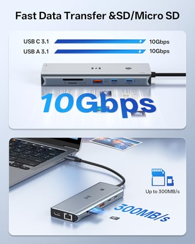 USB C Docking Station 3 HDMI, Selore 13-in-1 Docking Station 3 Monitors with Triple HDMI, 10Gbps USB A/C 3.1, 100W PD Charging, Gigabit Ethernet, SD/microSD Reader for Windows Laptops Dell/HP/Lenovo - size: 13-in-1