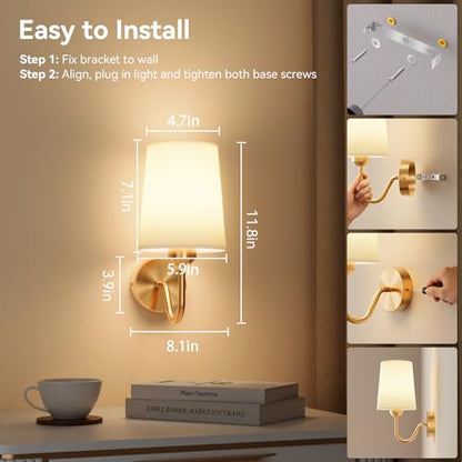 Battery Operated Wall Sconces Set of 2, Wireless Rechargeable Dimmable Wall Light with RGB Bulb and Remote for Bedroom, Living Room, Hallway (Gold) - color: Gold
