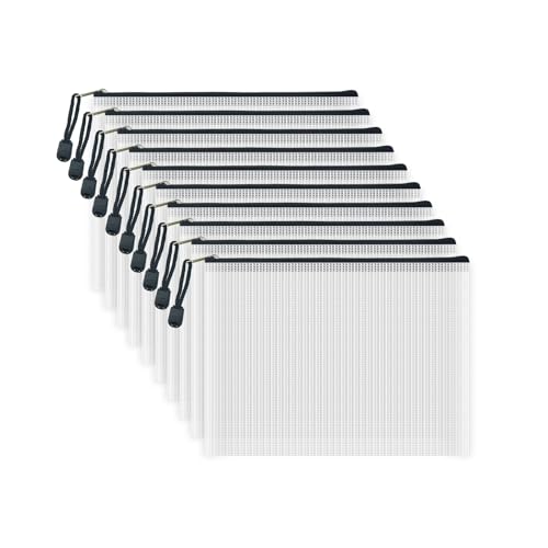 10 Pcs Zipper File Bags, Waterproof Plastic Mesh Pouch for Office School, Board Game Storage Bags (A5 Size 9.2''x6.7'', White and Black) - color: White and Black, size: A5 Size 9.2 x 6.7 inch