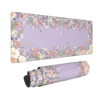 Large Gaming Mouse Pad Desk Mat, Purple Girly Floral Extended Keyboard Mouse Pad Mousepad with Non-Slip Base and Stitched Edge Mouse Mat Desk Pad Mouse Pads for Desk Home Office, 31.5 x 11.8 - color: Girly Floral Purple