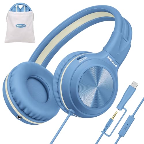 SIMOLIO Wired Headphones for Kids w/Mic & Share Port, USB C to 3.5mm Dongle, 3-Level Volume Limiter, Over-Ear Plug in Headphones for Kids Teens Adults, Foldable for Travel Kindle iPad Chromebook PC - color: Sky Blue USB C&3.5mm