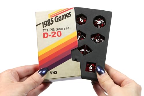 Sharp Edge DND Dice Set – Ruby Red Polyhedral Dice in Retro VHS Box – TTRPG Dice Set – Tabletop RPG Accessory (Set of 7) - style: Ruby Red