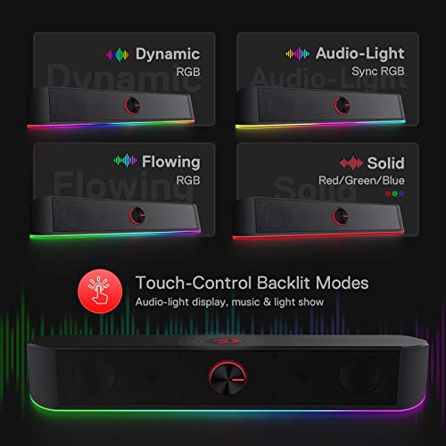 Redragon GS560 RGB Desktop Soundbar, 2.0 Channel Computer Speaker with Dynamic Lighting Bar Audio-Light Sync/Display, Touch-Control Backlit with Volume Knob, USB Powered w/ 3.5mm Cable, Black | 2.0 Stereo Enhanced Auido Quality, Touch-Control Backlit, Vol