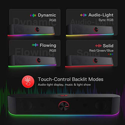 Redragon GS560 RGB Desktop Soundbar, 2.0 Channel Computer Speaker with Dynamic Lighting Bar Audio-Light Sync/Display, Touch-Control Backlit with Volume Knob, USB Powered w/ 3.5mm Cable, Black | 2.0 Stereo Enhanced Auido Quality, Touch-Control Backlit, Vol