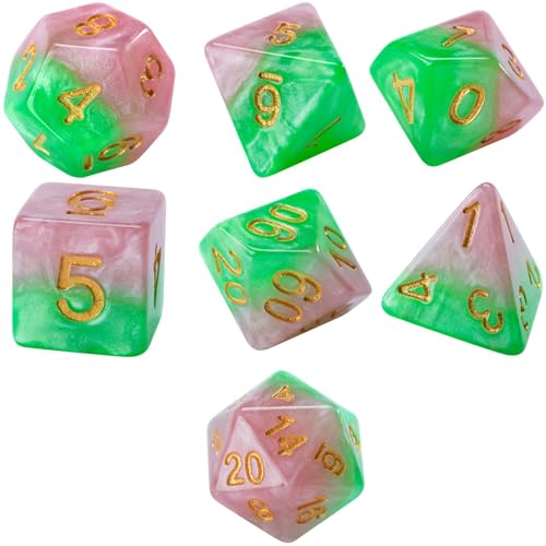 Gate Keeper Games and Dice: Halfsies Dice: Rose Dice - 7pc Set, Rose Petal Pink & Thorn Green, Pearlescent Swirl, 7 Resin Dice for Role Playing Games - style: Rose