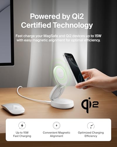 Belkin Qi2 15W Wireless Fast Charging Station, 3 in 1 iPhone Charger | Fast Charging, MagSafe Compatible, iPhone 17/16/15, Apple Watch, AirPods, Travel Charger, Magnetic - color: White, style: 3 in 1