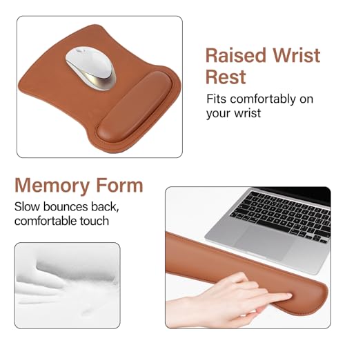 MOSISO Keyboard Mouse Pad Set, PU Leather Large Gaming Mousepad&Keyboard Wrist Rest&Mouse Wrist Rest&Coaster, Ergonomic Non-Slip Mousepad&Easy Typing Cushion with Memory Foam for Home Office, Brown