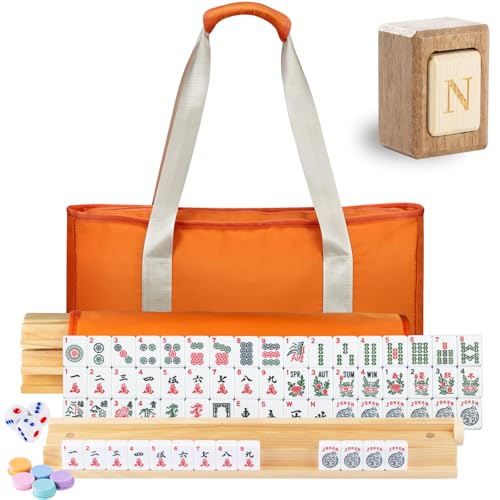 MUTEX American Mahjong Game Set, 166 Premium Mahjong Tile Set with Traveler Size Stylish Orange Carrying Bag, Western Mahjong Set with 4-Piece Wood Mahjong Racks/Pushers, Mahjong Ma Jong Set - color: Orange