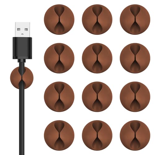 12PCS Coffee Adhesive Cable Clips Cord Organizer for Wire Management | Residue-Free Strong Adhesive, No-Drill Install, For Charger Headphone Cords, Home Office Desk Car Nightstand, Wire Organizer - color: Coffee