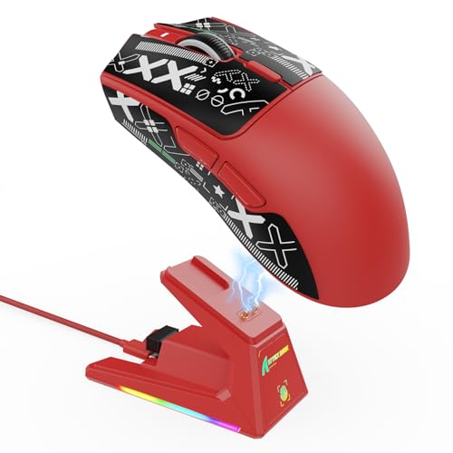 ATTACK SHARK X1 Ultralight Tri Mode Wireless 40000 DPI Gaming Mouse-Red | Magnetic RGB Charging Dock,Anti Slip Grip Tape,PixArt PAW3395 Pro Optical Sensor,BT/2.4Ghz/Wired,Driver for PC Win Mac Gamer - color: Red+Grip Tape
