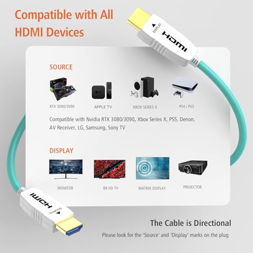 8K Fiber Optic HDMI 2.1 Cable, 48Gbps, 8K60, 4K120, HDR, eARC, 85FT | Fiber Optic Technology Reduces EMI and Signal Loss vs Copper Cables for Stable 4K@120Hz Gaming and Long-Distance 8K Video - color: A-8K Fiber Gen3/C, size: 85FT