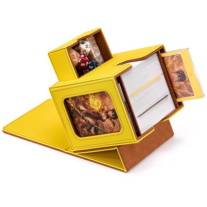 MTG Commander Deck Box with Dual Display Windows and Dice Tray | Fits 100 Double-Sleeved Cards, PU Leather, 2 Magnetic Card Holders, 2 Dividers, Yellow & Brown - color: 3. Yellow & Brown