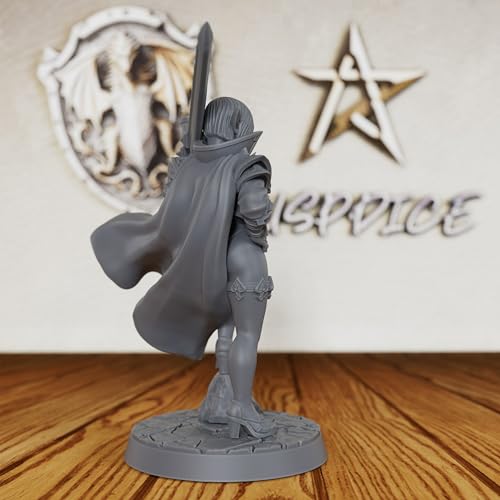 AUSPDICE Elf Warrior 32mm Unpainted Fantasy Miniature with Sword AS379 | 6.3cm Female Elf Fighter Figure with Sword, Armor and Cape for Dungeons and Dragons, TTRPGs and Dungeon Masters
