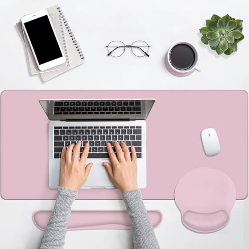 Britimes Pink Keyboard Mouse Pad Set Pink 4 in1 Large Mousepad+Keyboard Wrist Rest+Mouse Wrist Rest+Coaster Ergonomic Design for Home Office Computer 35.4x15.7Inches - color: PINK