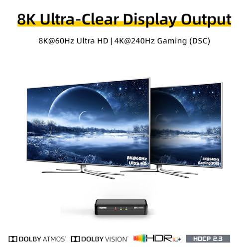 8K HDMI Splitter 1 in 2 Out (Mirror Only) – HDMI 2.1 8K@60Hz, 4K@240Hz DSC | 48Gbps, HDCP 2.3, EDID, Auto Downscaling, Duplicate Screens for Dual Monitors, TV, PS5, Xbox
