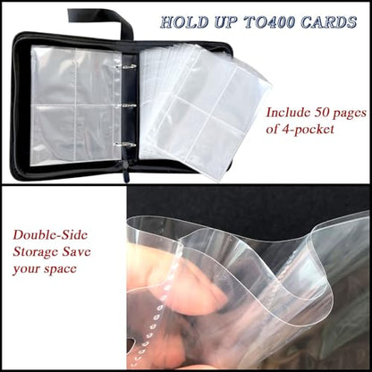 400 Pocket Zippered Hockey Card Binder, 4-Pocket Trading Card Album with 50 Removable Sleeves, PU Leather Waterproof Sports Card Holder for NHL Hockey Cards Storage Display Case Gift - size: 400 Pockets Hockey