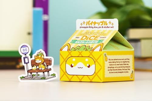 1985 Games Pineapple Kawaii Cat Dice Set – Milk Carton-Inspired Dice for DND | TTRPGs & Tabletop Roleplaying - color: Pineapple