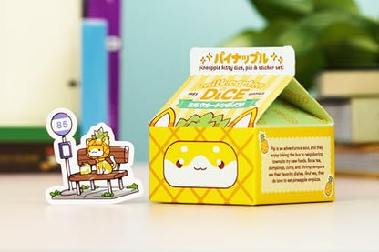 1985 Games Pineapple Kawaii Cat Dice Set – Milk Carton-Inspired Dice for DND | TTRPGs & Tabletop Roleplaying - color: Pineapple